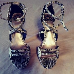 Snakeskin ankle strap heels